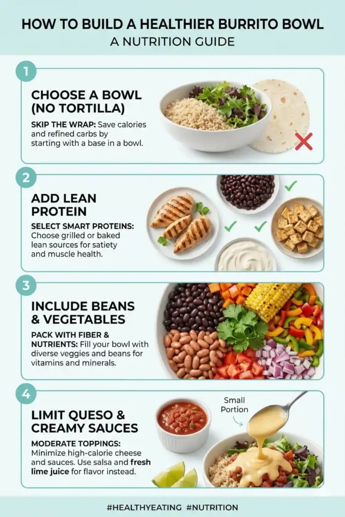 Infographic explaining how to build a healthier burrito bowl with protein vegetables and fewer sauces