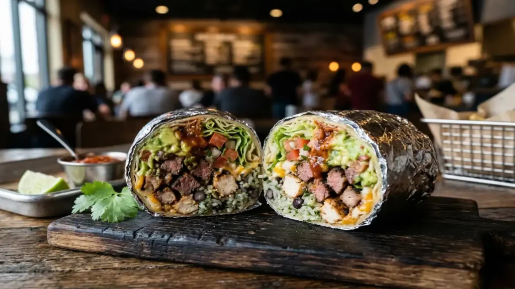 Large burrito with rice beans cheese and guacamole similar to Moe’s Homewrecker burrito