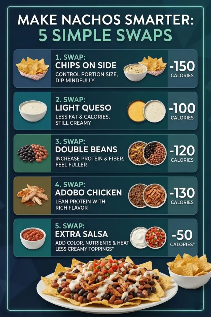 A quick visual guide to ordering smarter nachos at Moe’s. Small swaps like choosing adobo chicken, limiting queso, and getting chips on the side can cut hundreds of calories.