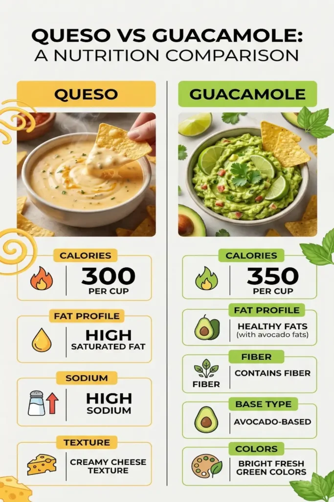 Queso vs guacamole calorie comparison infographic showing calories and nutrition differences